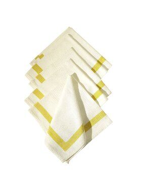 Vintage Linen Napkins 6 Winter White Green Band Classic Country Retro Academia